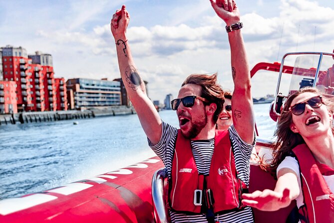 High-Speed Thames River Speedboat in London - Under Tower Bridge and toward the Docklands
